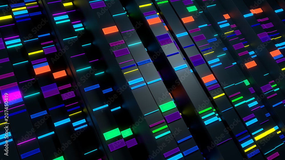 Poster 3d render abstract background. vertical reflective blocks with small rectangular bright elements on 