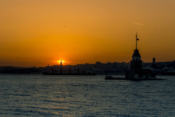 Istanbul, Turkey, 25 April 2006: The Galata Tower in the Karakoy district of Istanbul and Maidens Tower.