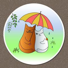 Vector bright cheerful illustration. Loving couple of cute, funny cats under an umbrella after the rain.