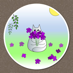 Vector bright cheerful illustration. Funny cat collects purple flowers on a summer meadow.