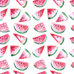 Watercolor seamless pattern with slices of watermelon.