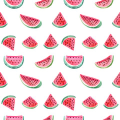 Watercolor seamless pattern with slices of watermelon.