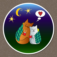 Vector bright cheerful illustration. A couple in love cute, funny cats, drinking coffee out of mugs while sitting under a starry night sky.