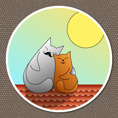 Vector bright cheerful illustration. Loving couple of cute, funny cats on the roof of the house bask in the sun.