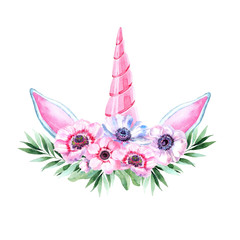 Watercolor head of unicorn with floral wreath on white background.