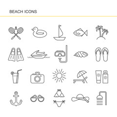 Isolated black outline collection icon of cocktail, badminton, flippers, hat, jet ski, sunglasses, shell, sailboat, anchor, ring rubber, palm, sunscreen, swimsuit photo camera. Set of line beach icon.