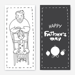 Happy father's day greeting card. Vector linear illustration with lettering. Father and his daughter. Dad makes daughter hairstyle. Calligraphy phrase Happy Father's day