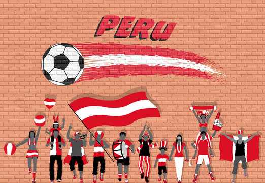 Peruvian football fans cheering with Peru flag colors in front of soccer ball graffiti