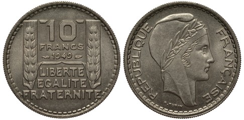 France French coin 10 ten francs 1949, denomination, date and motto flanked by large ears, laureate woman head in Phrygian cap, 