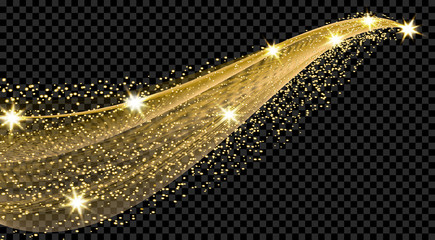 Gold wave with a shine effect on a checkered background. Comet with a luminous tail and stars. illustration