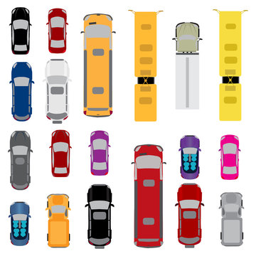 A set of cars. Sidan, coupe, convertible, station wagon, cargo van, bus. View from above. illustration