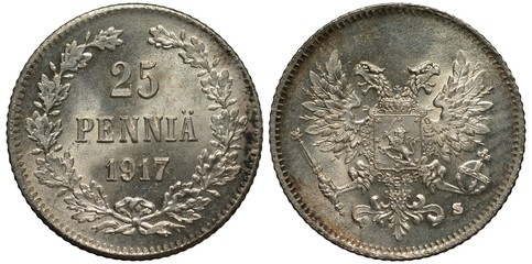 Finland Finnish silver coin 25 penny 1917, Russian administration, denomination and date within oak...