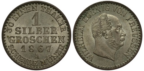 Germany German silver coin 1 one groschen 1867, Land Prussia, denomination in center, date below, King Wilhelm head right,