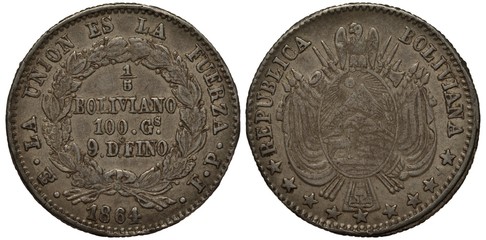 Bolivia Bolivian silver coin 1/5 one fifth of boliviano 1864, union is force motto, denomination and purity within circular wreath, oval shield with llama, mountain and sun, flanked by crossed flags, 