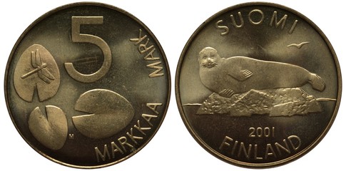 Finland Finnish Suomi coin 5 marka 2001, Lily leaves, dragonfly, seal on rock, seagull above,  - obrazy, fototapety, plakaty