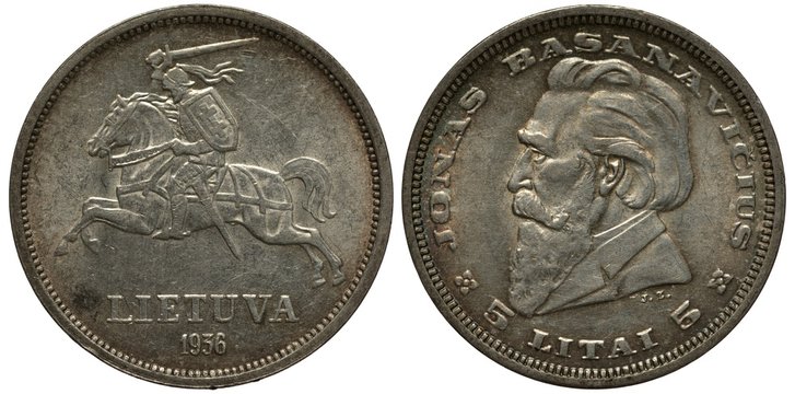 Lithuania Lithuanian silver coin 5 five litai 1936, knight with shield and sword on galloping horse, Jonas Basanavichus head left, denomination below,
