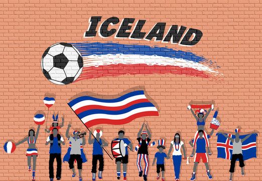 Icelander football fans cheering with Iceland flag colors in front of soccer ball graffiti