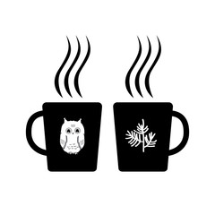 Two cartoon cups with hot drink. Hygge vector