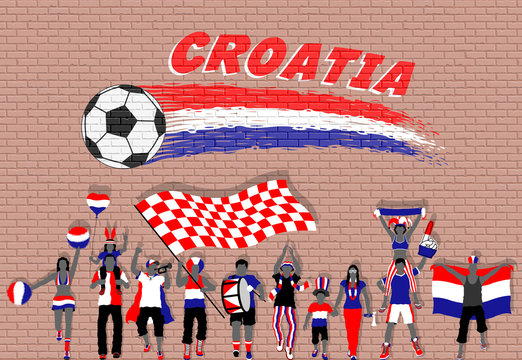 Croatian football fans cheering with Croatia flag colors in front of soccer ball graffiti