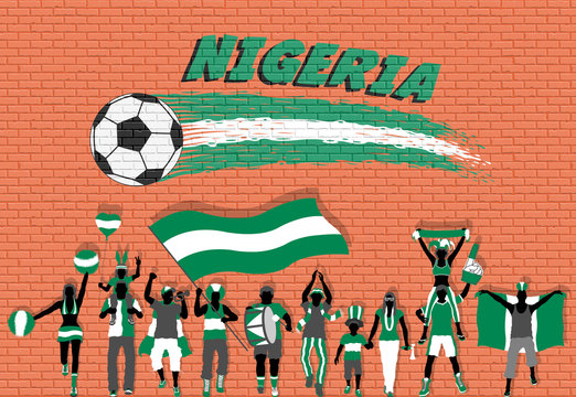 Nigerian football fans cheering with Nigeria flag colors in front of soccer ball graffiti