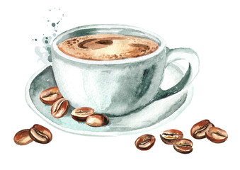 Cup of morning coffee with coffee beans. Watercolor hand drawn illustration, isolated on white background - obrazy, fototapety, plakaty