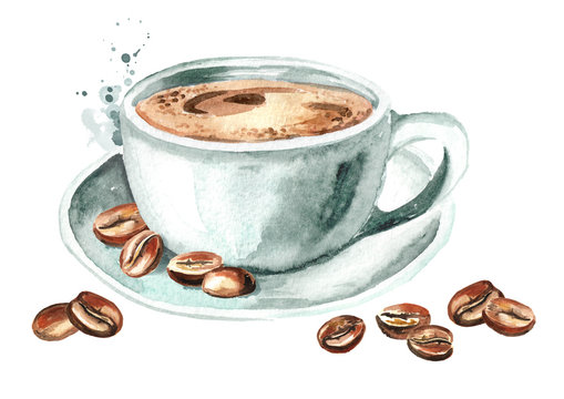Cup of morning coffee with coffee beans. Watercolor hand drawn illustration, isolated on white background