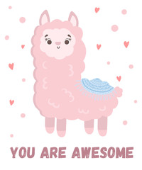 Vector greeting card with cute llama. Poster with adorable object on background, pastel colors