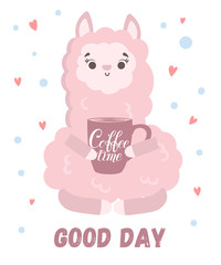 Vector greeting card with cute llama with coffee. Poster with adorable objects on background, pastel colors