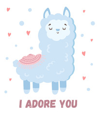 Vector greeting card with cute llama. Poster with adorable object on background, pastel colors.