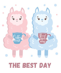 Vector greeting card with cute llamas. Poster with adorable objects on background, pastel colors