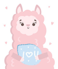 Fototapeta premium Vector poster with cute llama. Postcard with adorable object on background, pastel colors