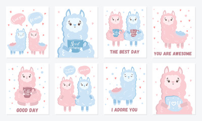 Vector greeting cards with cute llamas