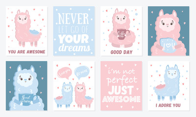 Vector greeting cards with cute llamas