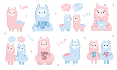 Vector set of stickers with cute llamas. Collection with adorable animals on background, pastel colors