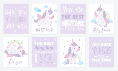 Vector set of postcards with cute unicorn