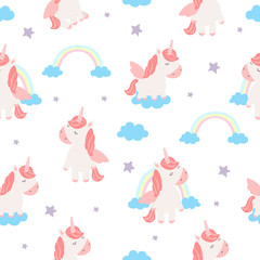 Vector seamless pattern with cute unicorns and rainbows