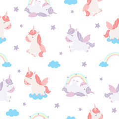 Vector seamless pattern with cute unicorns and rainbows