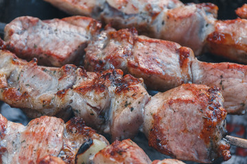 Close-up roasted kebab on barbecue. Marinate shashlyk preparing on BBQ grill.