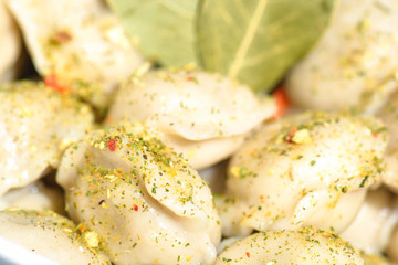 Meat dumplings with spices. Russian classic dumplings. Traditional Russian food