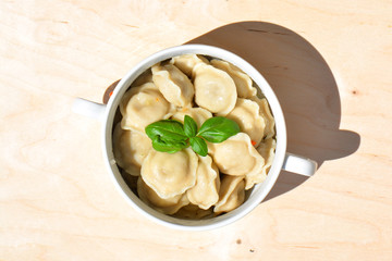 Meat dumplings with spices. Russian classic dumplings. Traditional Russian food