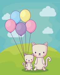 Obraz na płótnie Canvas cute cats with balloons over landscape background, colorful design. vector illustration
