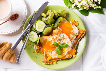 Healthy breakfast served to bed with tea