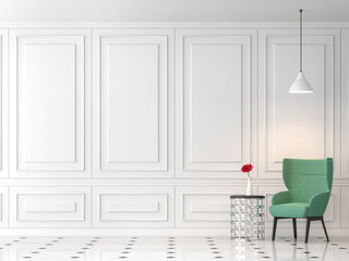 Modern classic living room 3d render,There are empty white wall,furnished with green fabric chair.