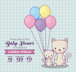 Baby shower invitation template with cute cats with colorful ballons over blue background, vector illustration