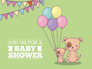 Baby shower invitation card with cute dogs with balloons over green background, colorful design. vector illustration