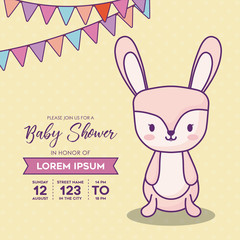 baby shower invitation template with decorative pennants and cute rabbit over yellow background, colorful design. vector illustration