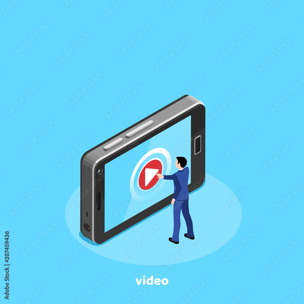 Poster a man in a business suit clicks on a video viewing button on a smartphone, an isometric image