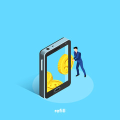 a man in a business suit puts a gold coin in the smartphone, an isometric image