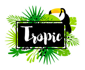 Naklejka premium Trendy summer banner with palm leaves, toucan, tropical plants and text in frame on white background. Flat design. Vector card.