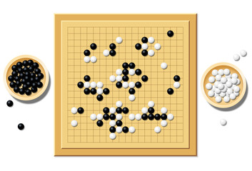 Gobang or go game board with a typical course of game, and two wooden bowls filled with black and white stones - a traditional chinese strategy game. Isolated vector illustration over white. - obrazy, fototapety, plakaty